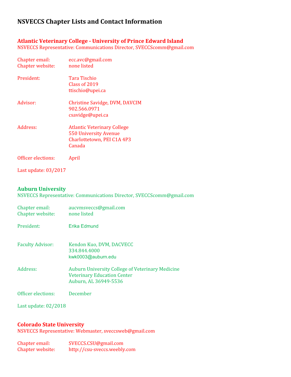 NSVECCS Chapter Lists and Contact Information