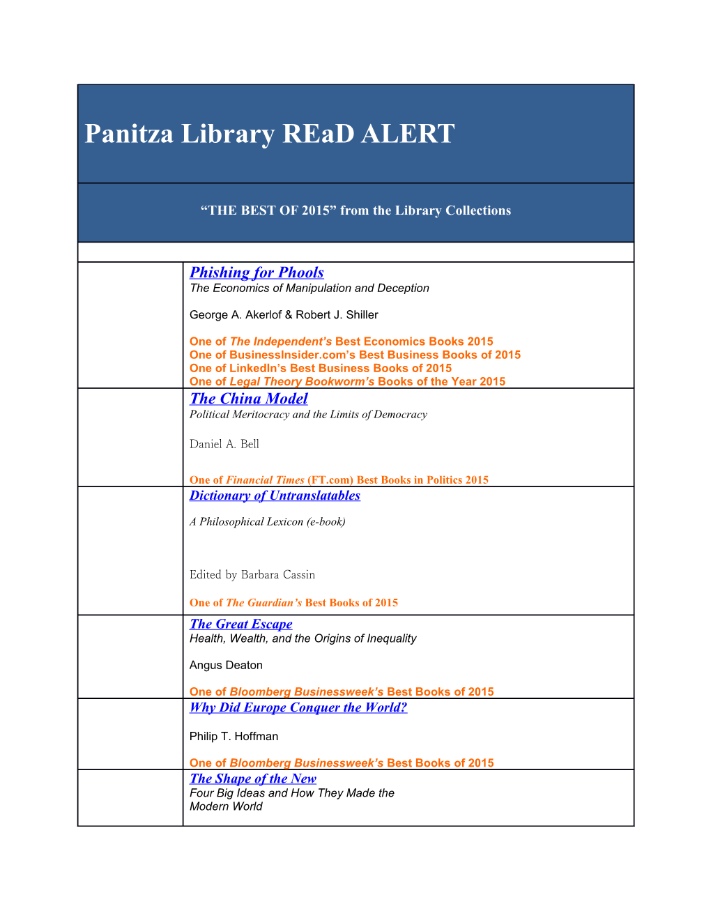 Panitza Library Read ALERT