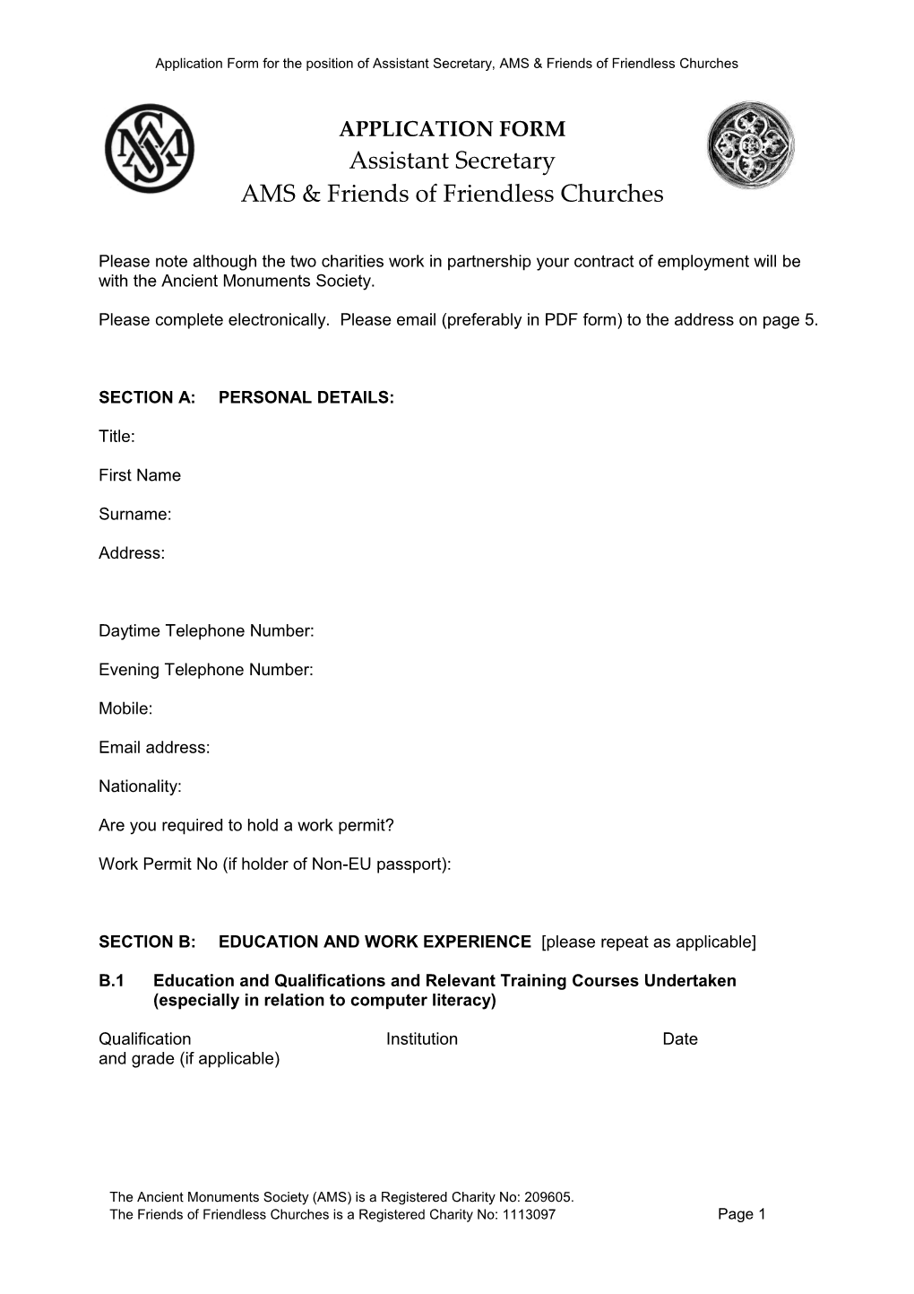 Application Form for the Position of Assistant Secretary, AMS & Friends of Friendless Churches