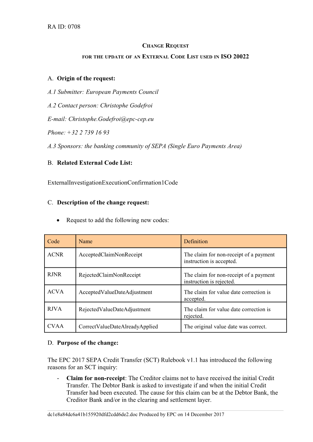 For the Update of an External Code List Used in ISO 20022