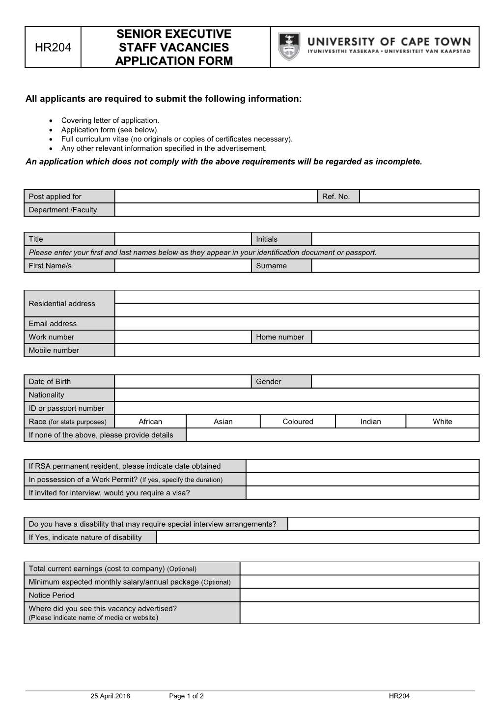 Senior Executive Staff Vacancies Application Form