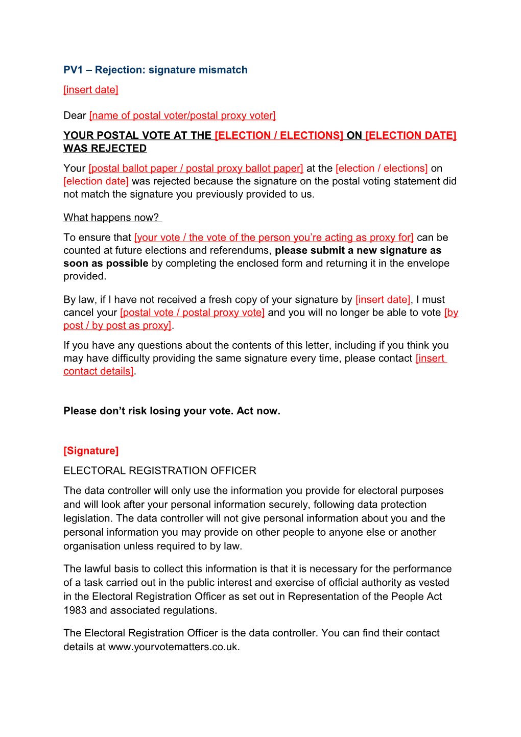 Template Postal Vote Rejection Notices - Generic