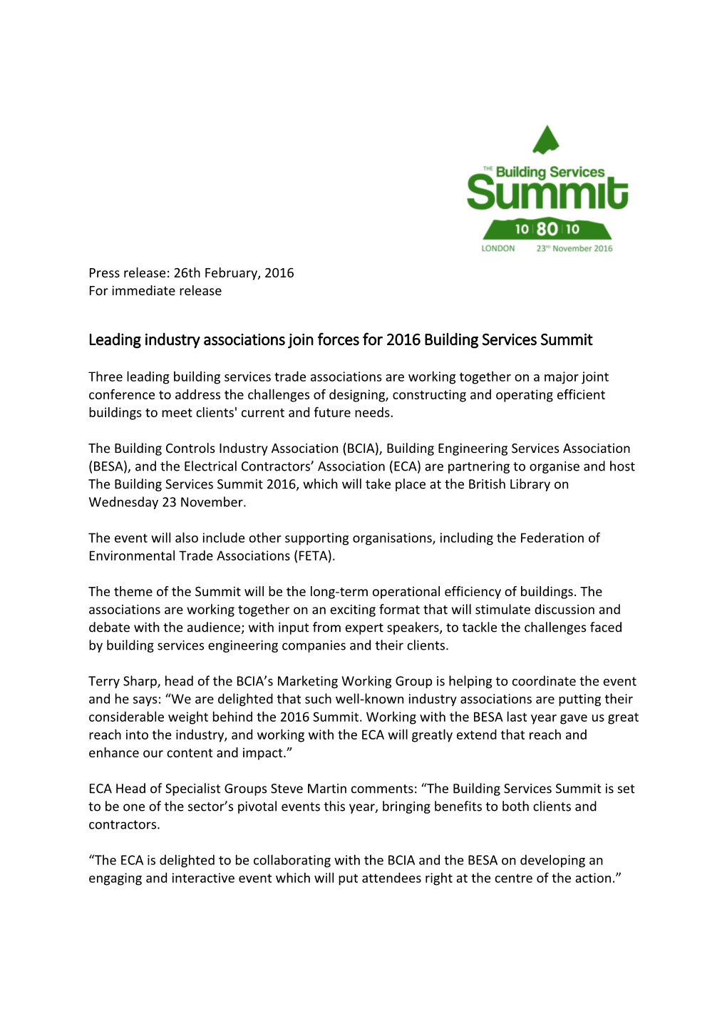 Leading Industry Associations Join Forces for 2016 Building Services Summit