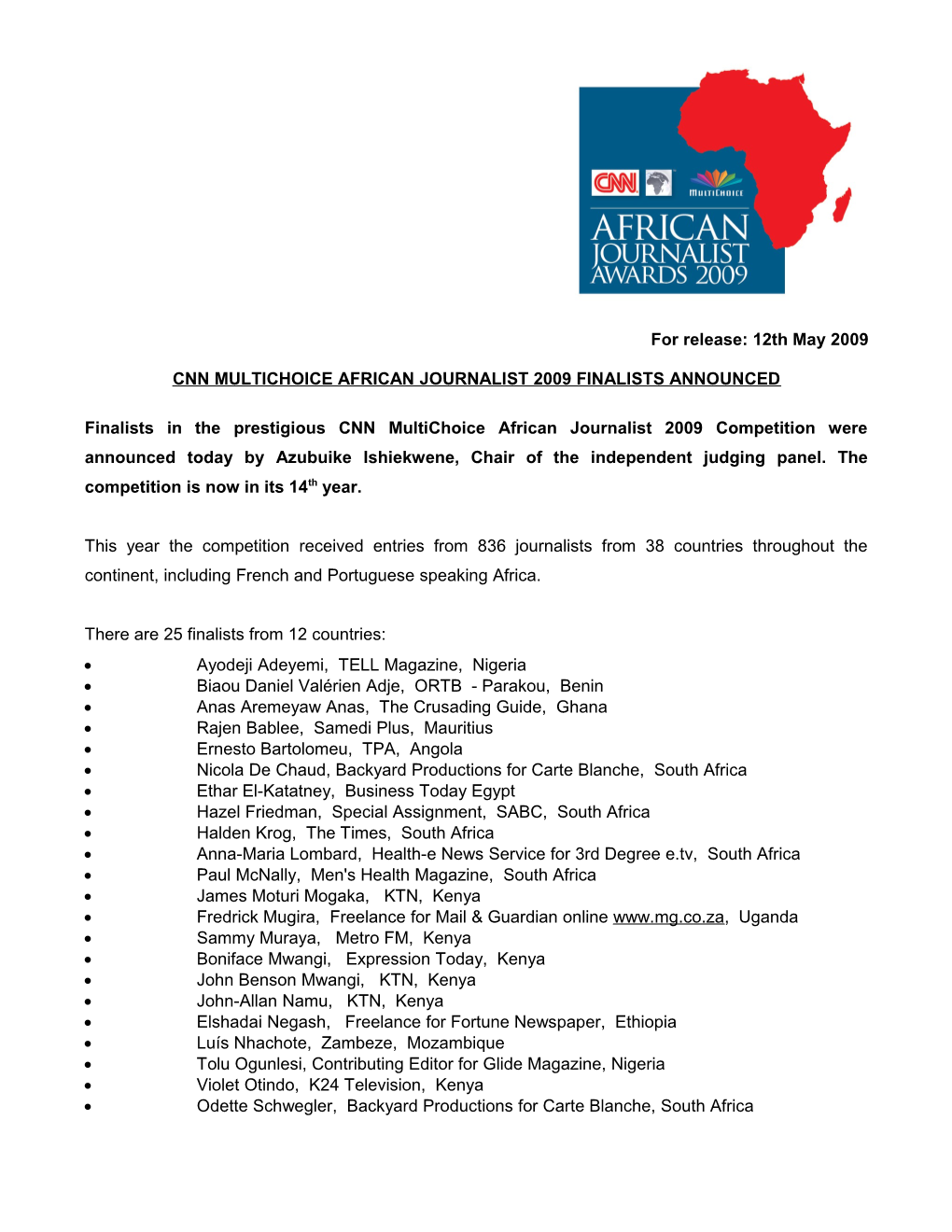 Cnn Multichoice African Journalist 2009 Finalists Announced