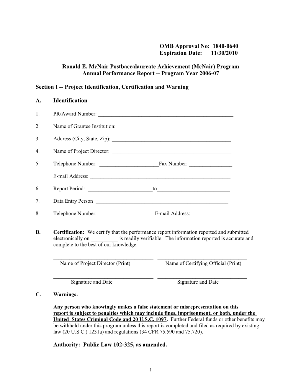 2006-07 Annual Performance Report Form for the Ronald Mcnair Program (MS Word)