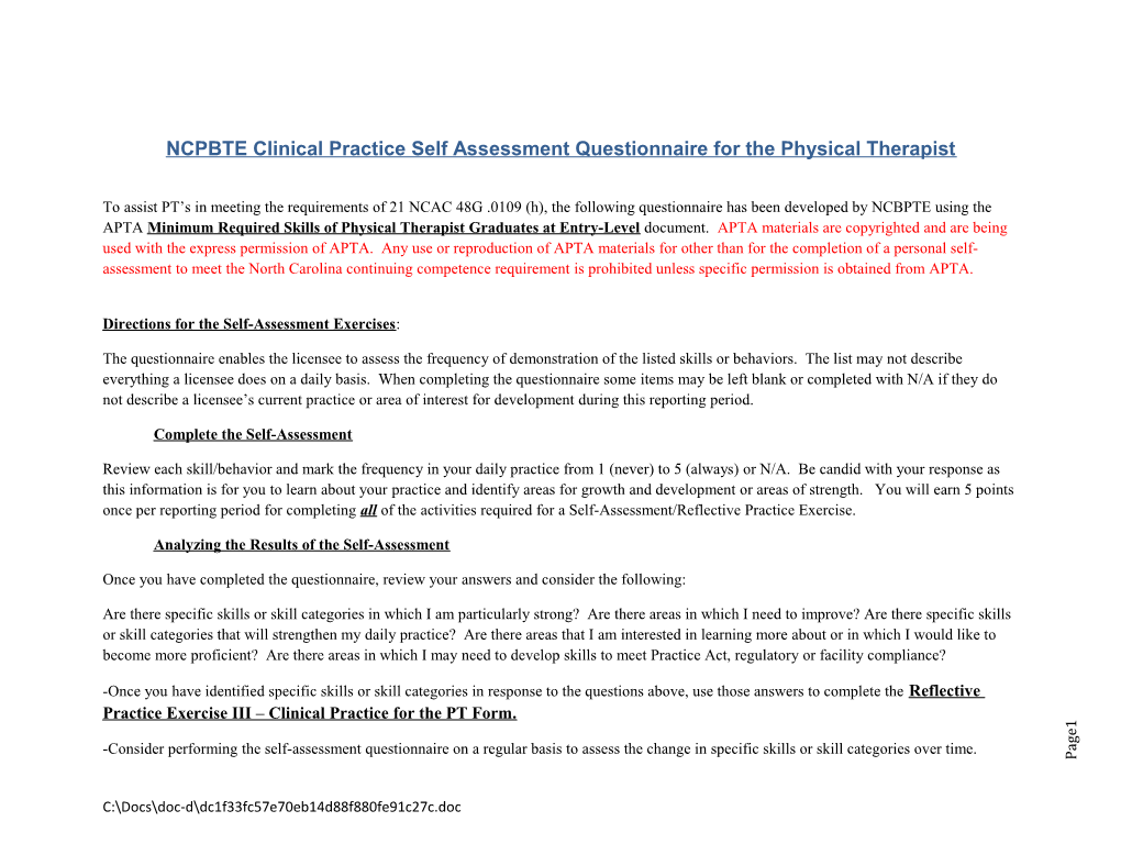 NCPBTE Clinical Practice Self Assessment Questionnaire for the Physical Therapist