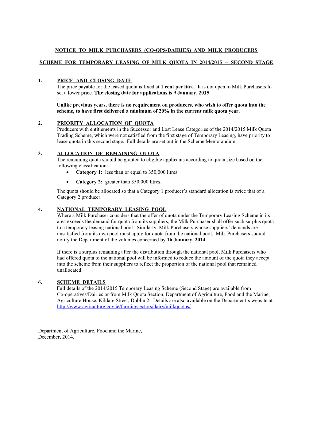 Notice to Milk Purchasers (Co-Ops/Dairies) and Milk Producers