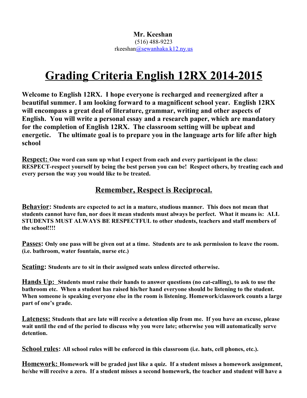 Grading Criteria English 12RX 2014-2015