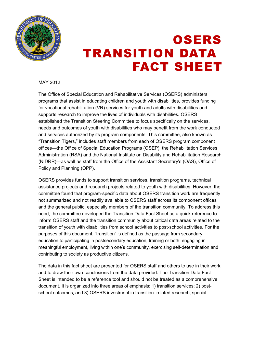 OSERS TRANSITION FACT SHEET, 2011 (MS Word)