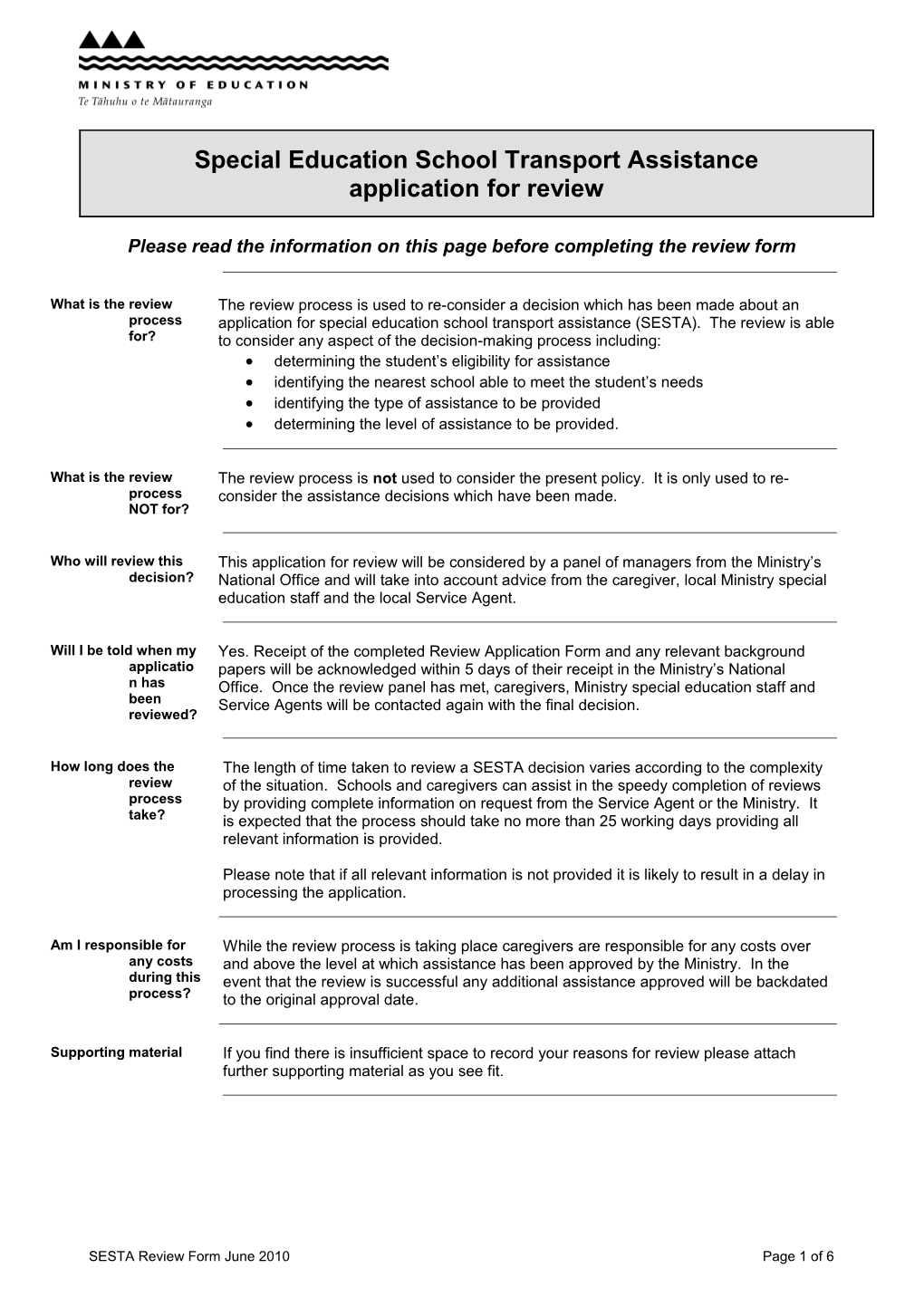 SESTA Review Application Form
