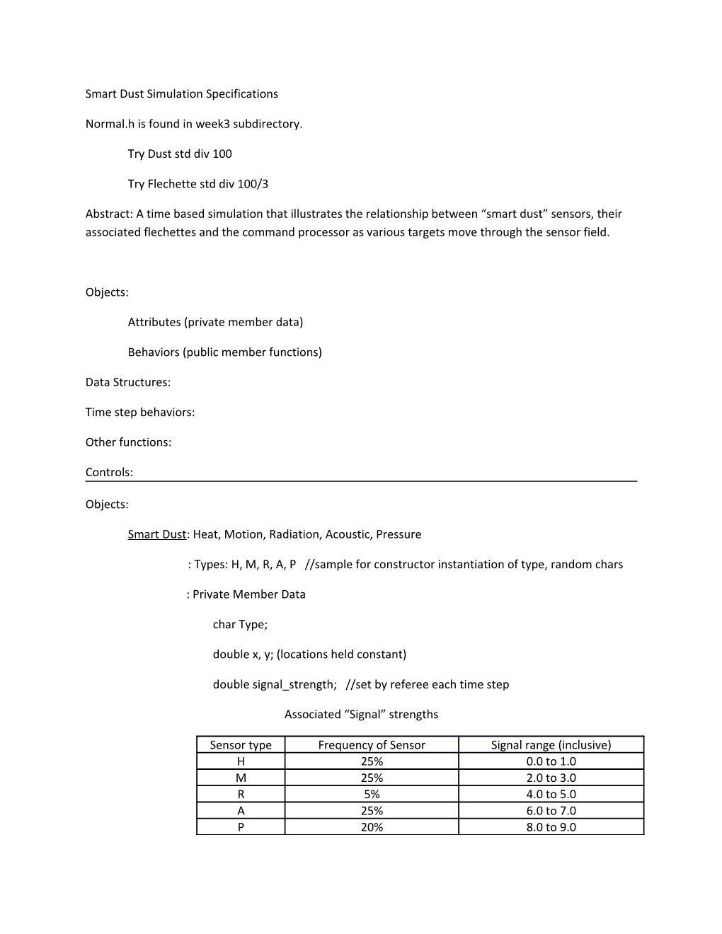 Smart Dust Simulation Specifications