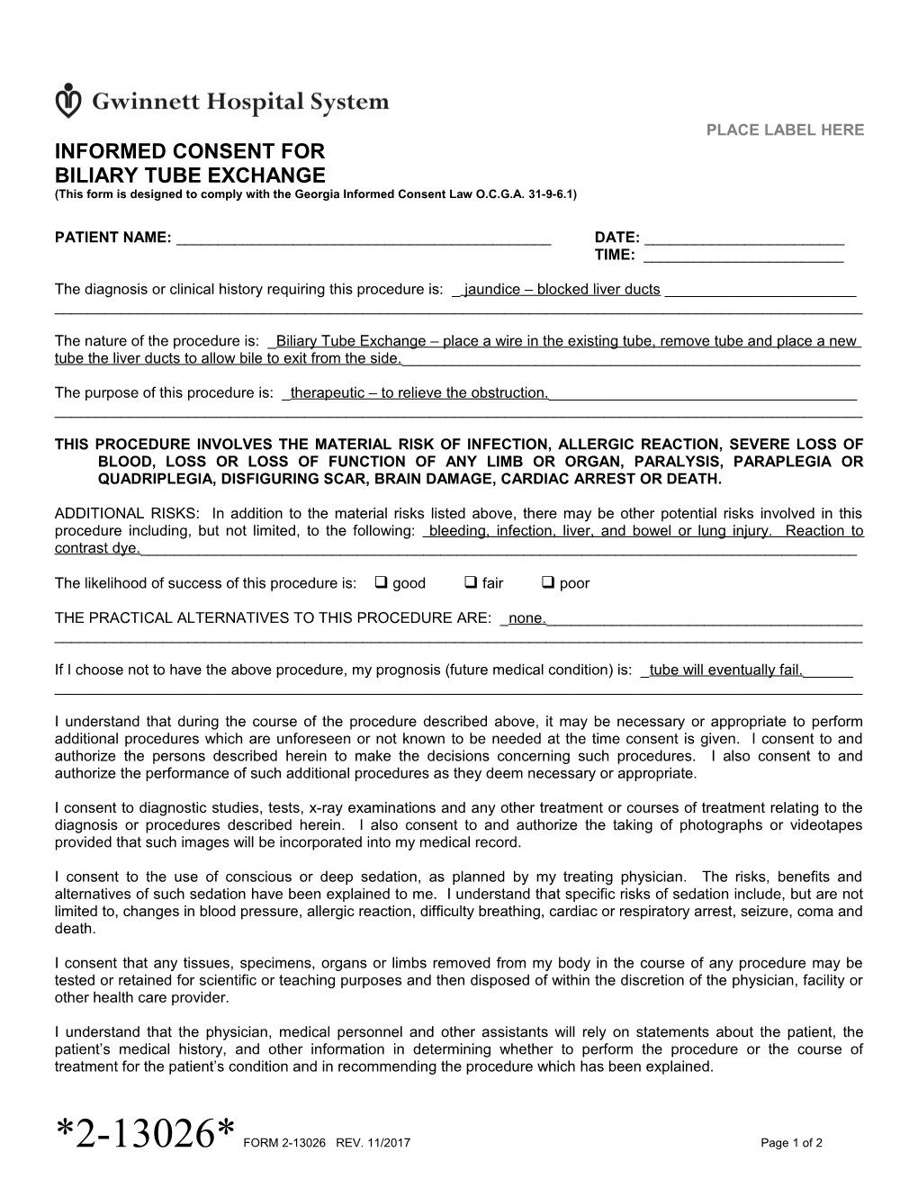 Informed Consent for Biliary Tube Exchange