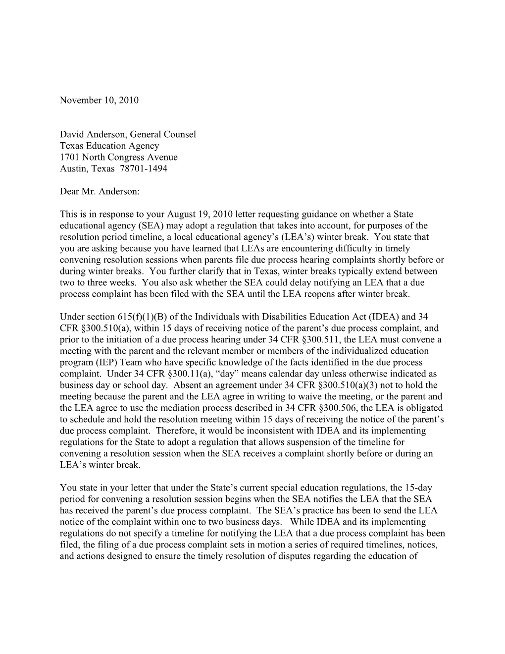 Anderson Letter Dated 11/10/10 Re: Impartial Due Process Hearings (Ms Word)