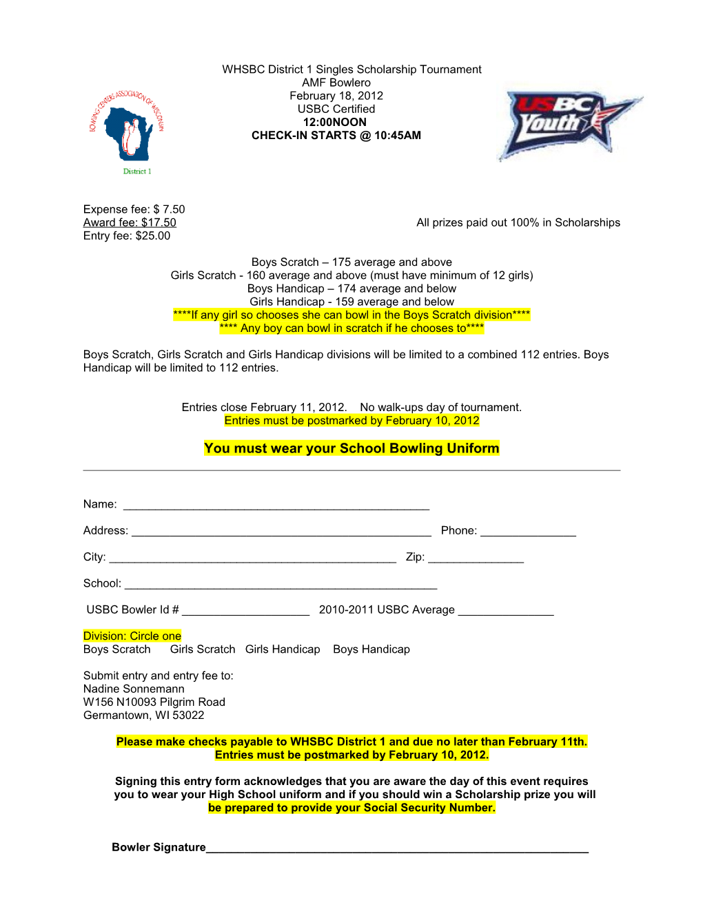 WHSBC District 1 Singles Scholarship Tournament