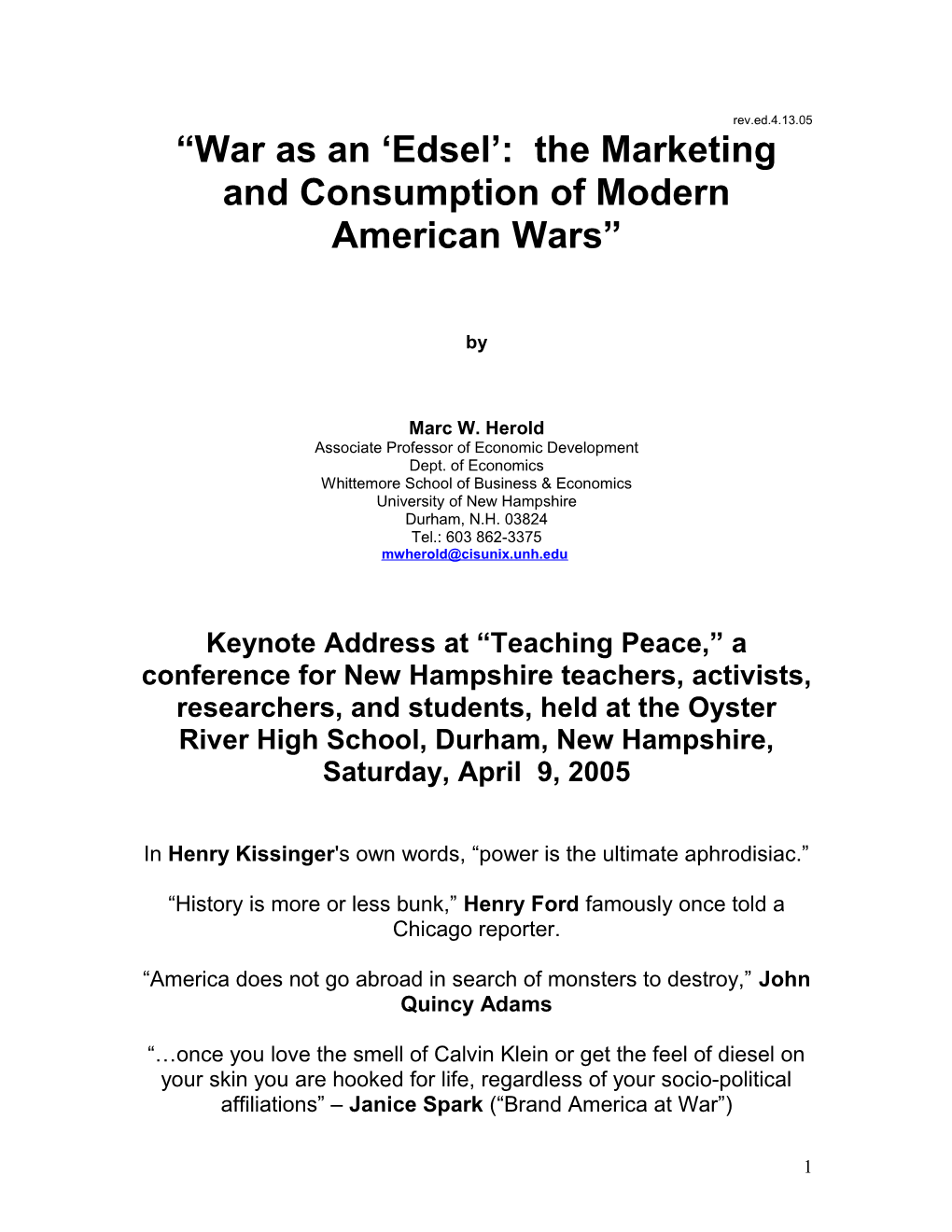 War As an Edsel : the Marketing and Consumption of Modern American Wars