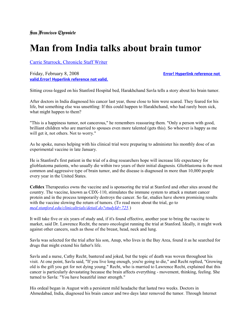 Man from India Talks About Brain Tumor