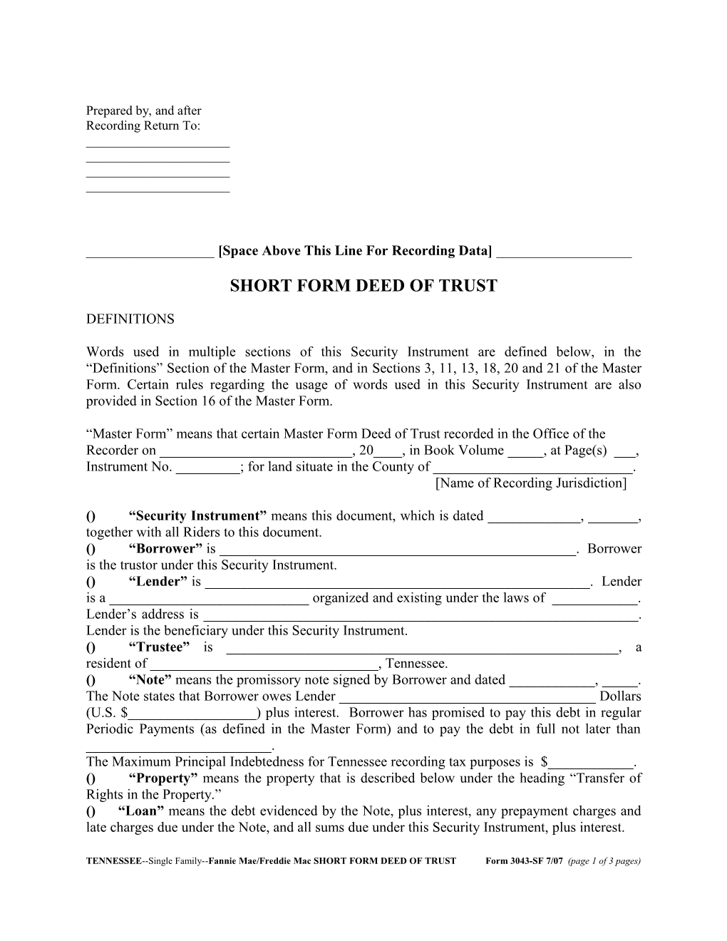 Tennessee Security Instrument (Form 3043Sf): Word