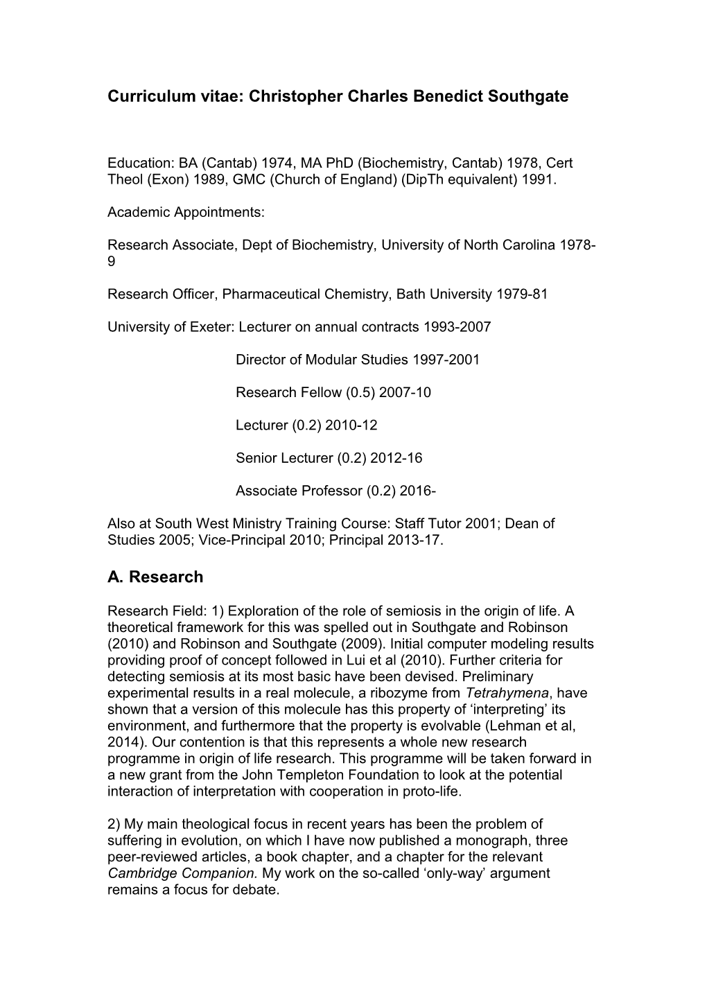 Curriculum Vitae: Christopher Charles Benedict Southgate