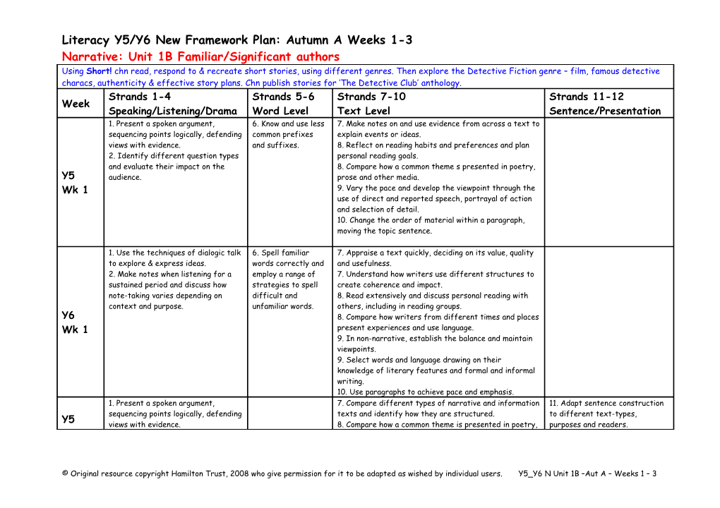 Literacy Y5/Y6 New Framework Plan: Autumn a Weeks 1-3