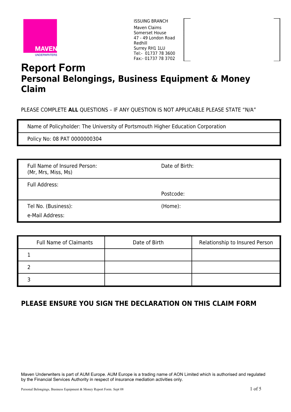 Personal Belongings, Business Equipment & Money Claim