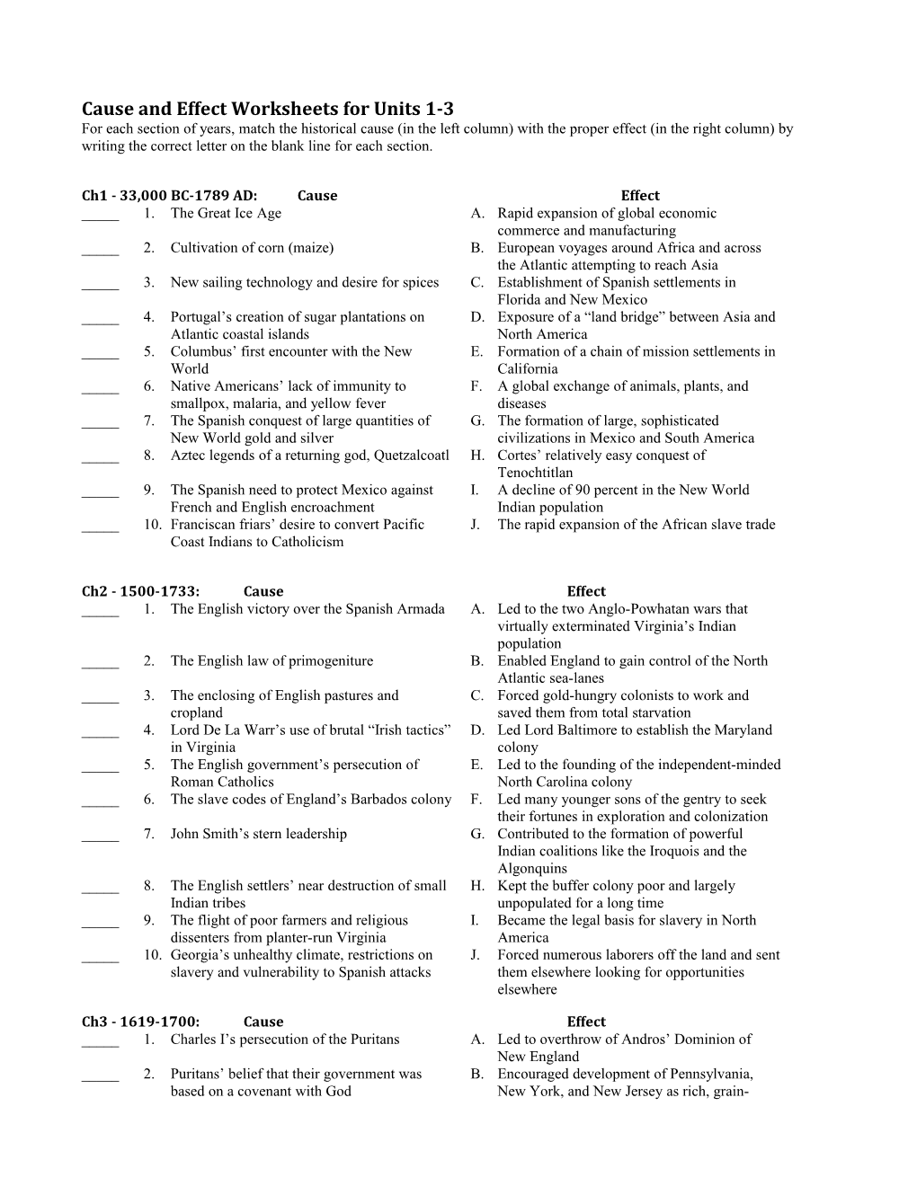 Cause and Effect Worksheets for Units 1-3