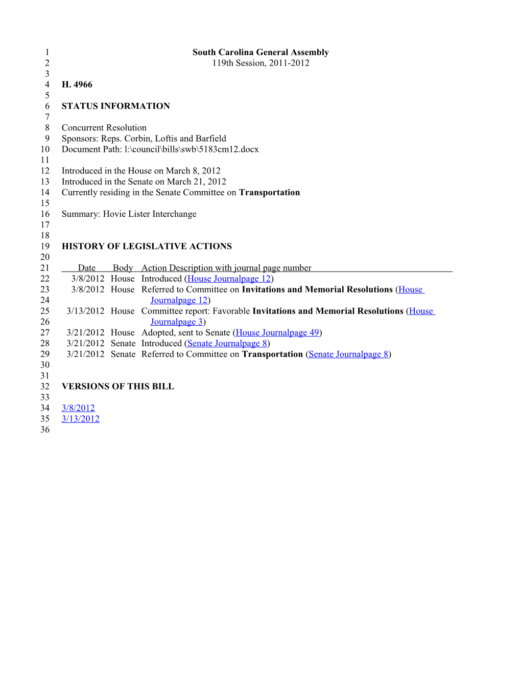 2011-2012 Bill 4966: Hovie Lister Interchange - South Carolina Legislature Online