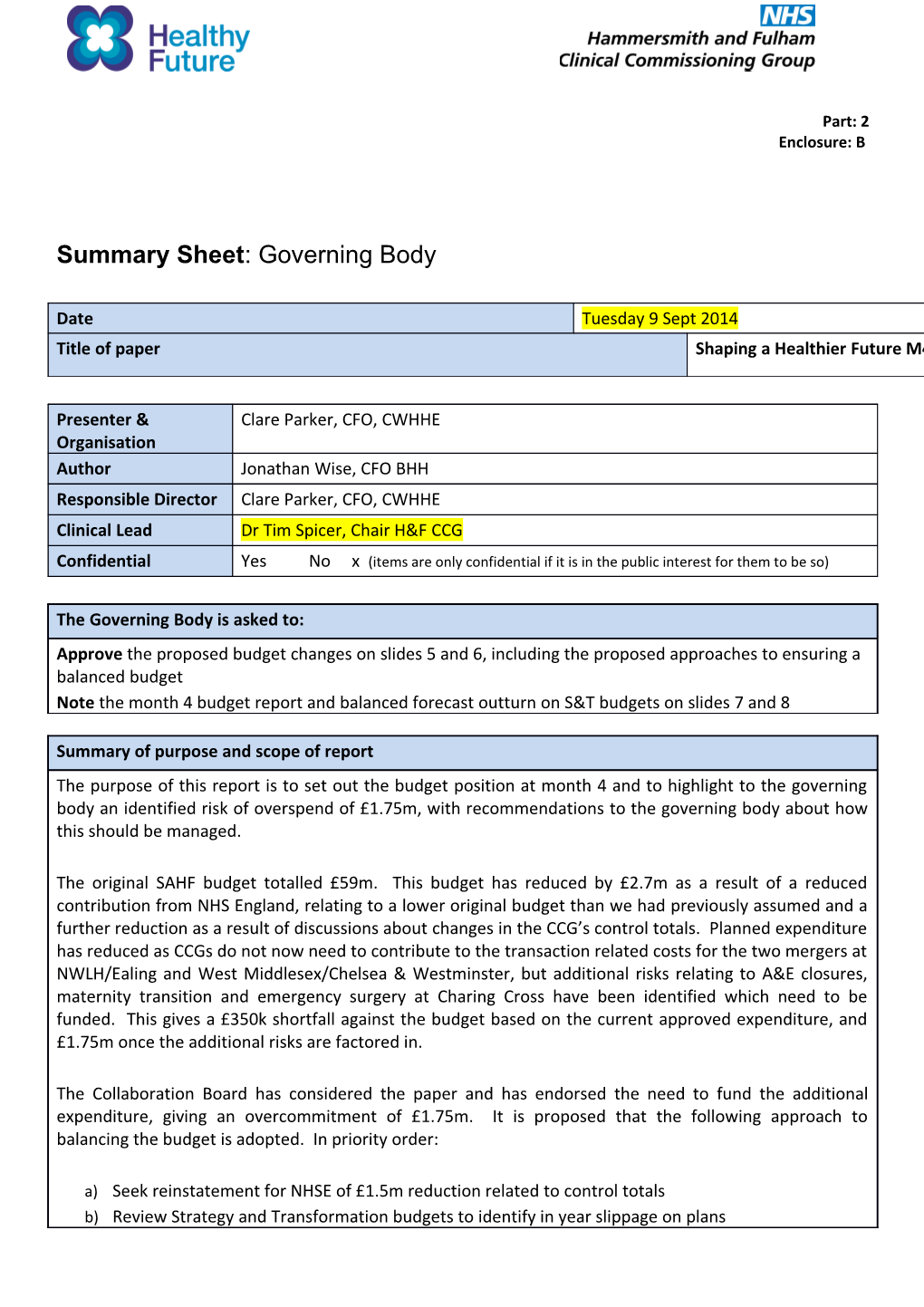 Summary Sheet: Governing Body