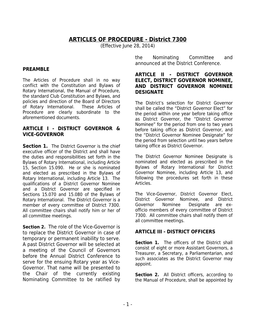 Rotary District 7300 Articles of Procedure (6/28/2014) (D0372041;1)