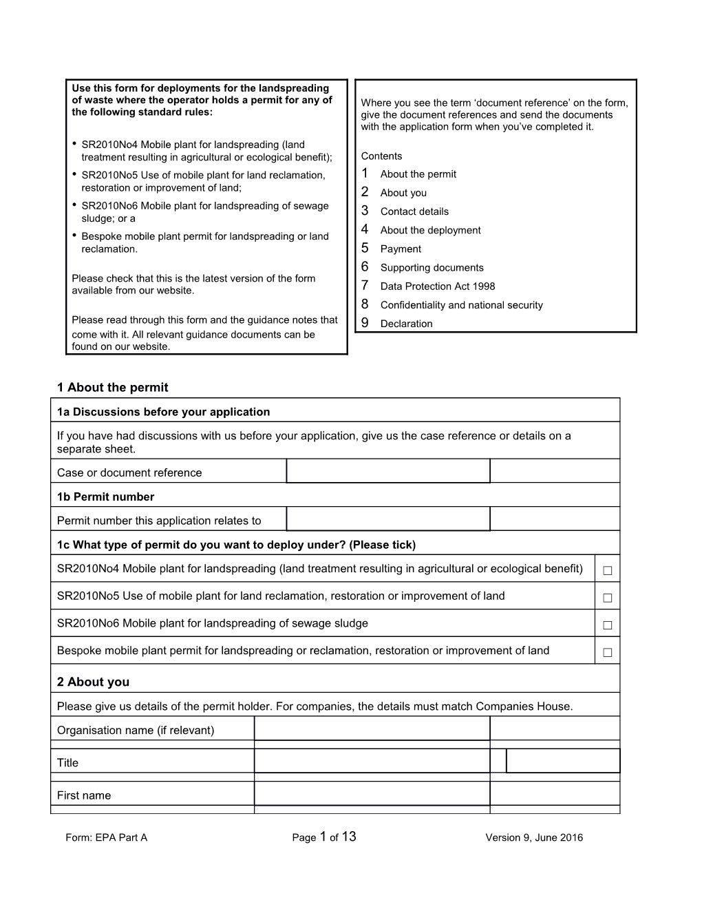 Use This Form for Deployments for the Landspreading of Waste Where the Operator Holds
