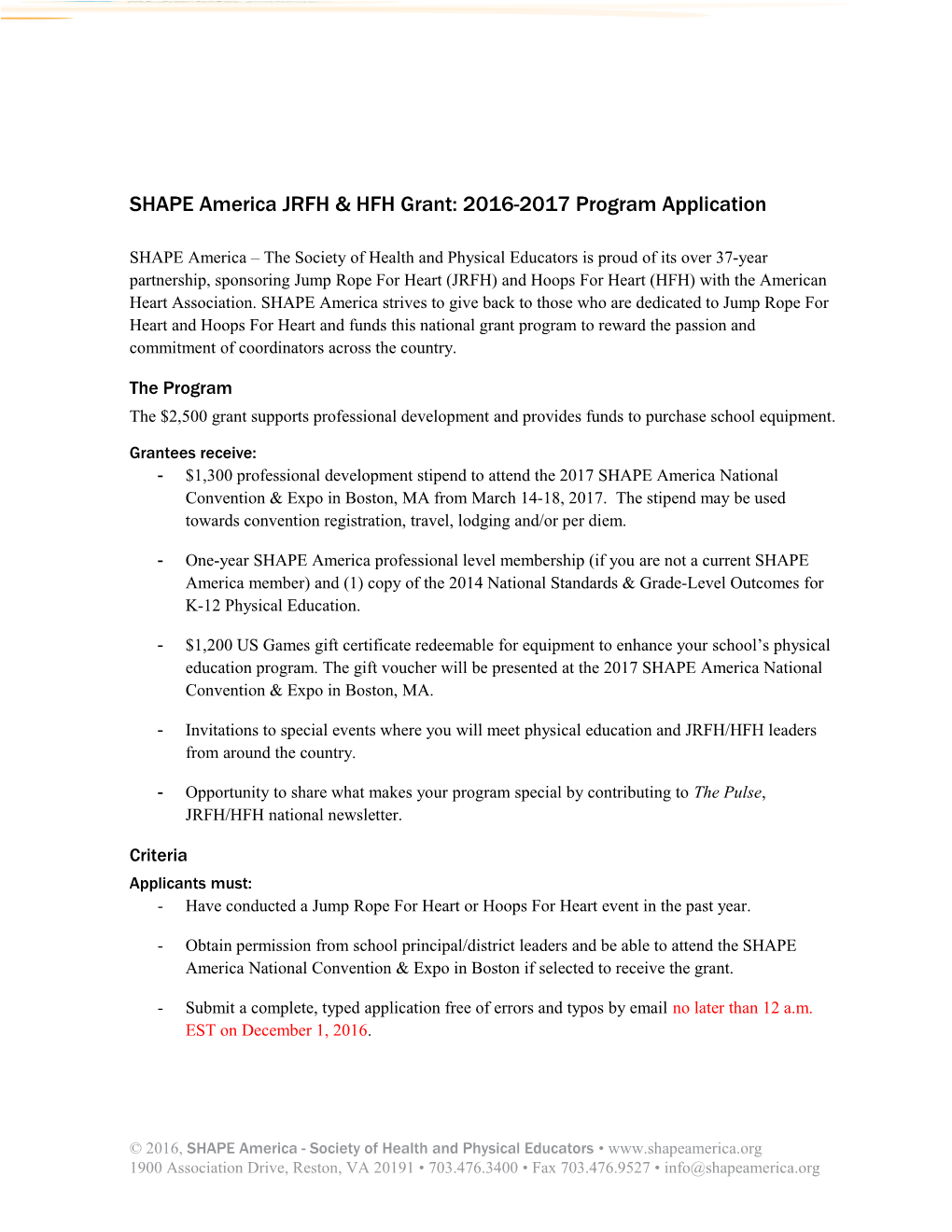 SHAPE America JRFH & HFH Grant: 2016-2017 Program Application