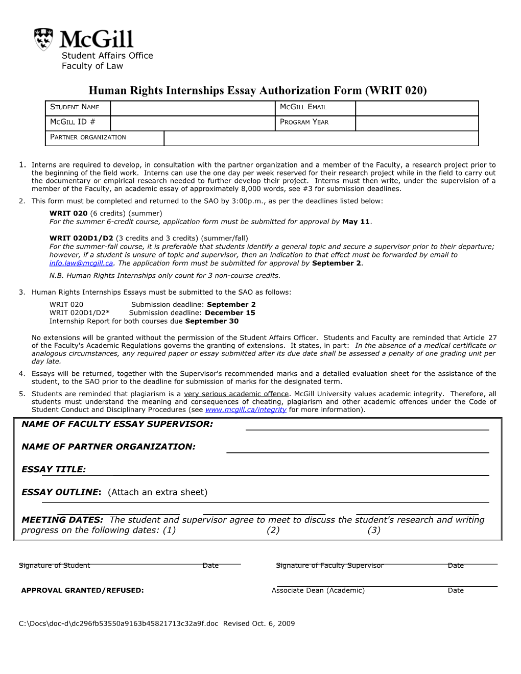 Human Rights Internships Essay Authorization Form (WRIT 020)