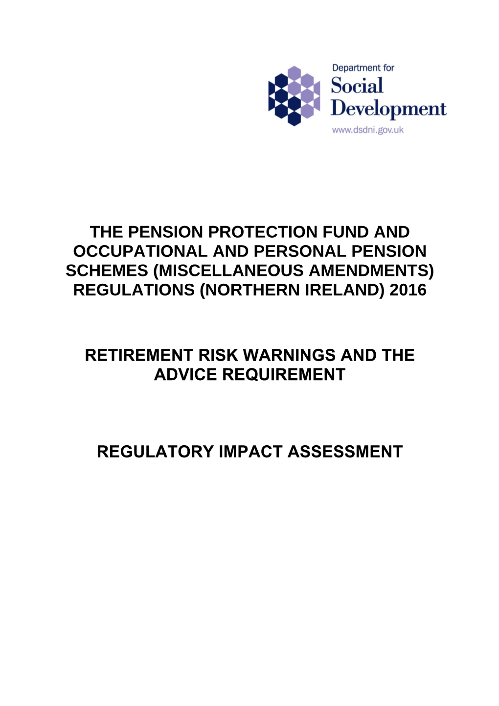 Regulatory Impact Assessment for the Pension Protection Fund and Occupational and Personal