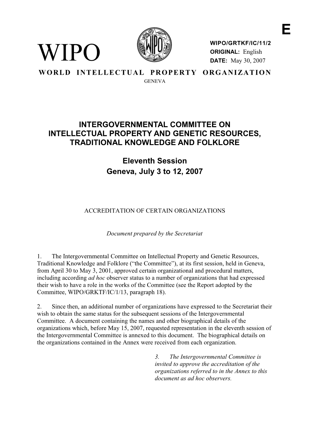 WIPO/GRTKF/IC/11/2: Accreditation of Certain Organizations