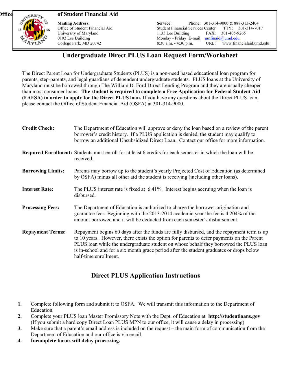 Undergraduate Direct PLUS Loan Request Form/Worksheet
