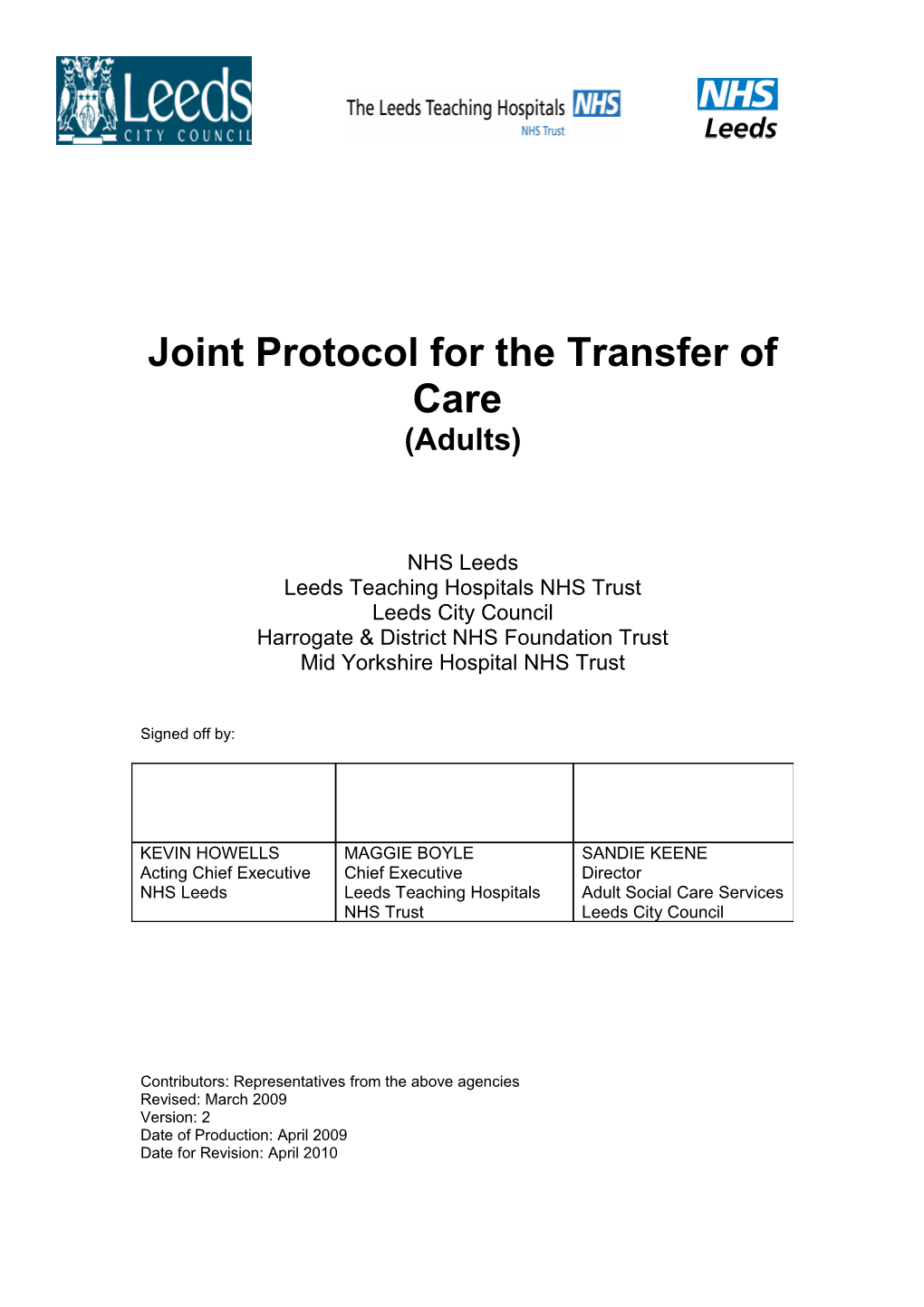 Joint Protocol for the Transfer of Care