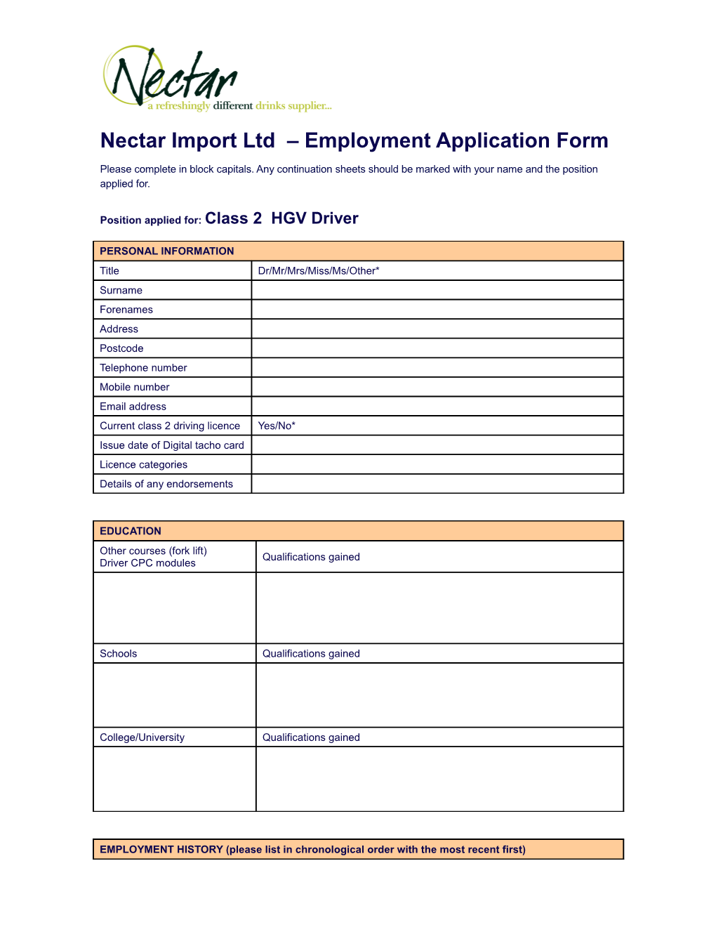 Nectar Import Ltd Employment Application Form