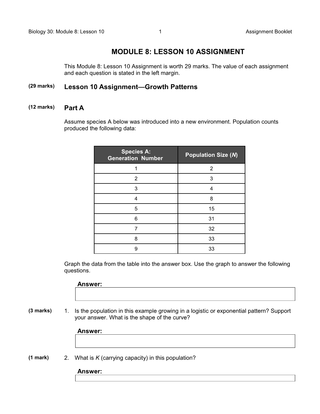 Biology 30: Module 8: Lesson 101Assignment Booklet