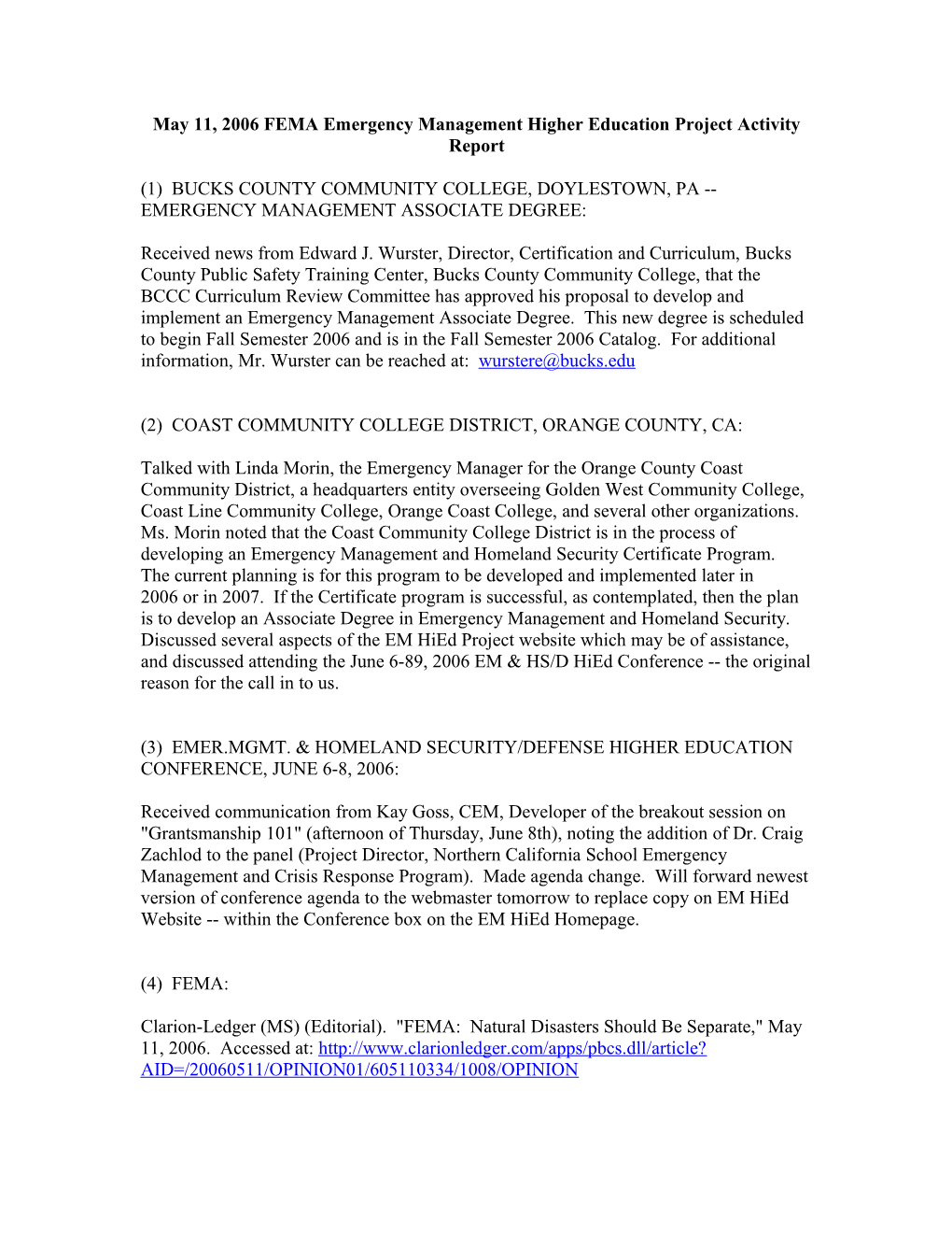 May 11, 2006 FEMA Emergency Management Higher Education Project Activity Report