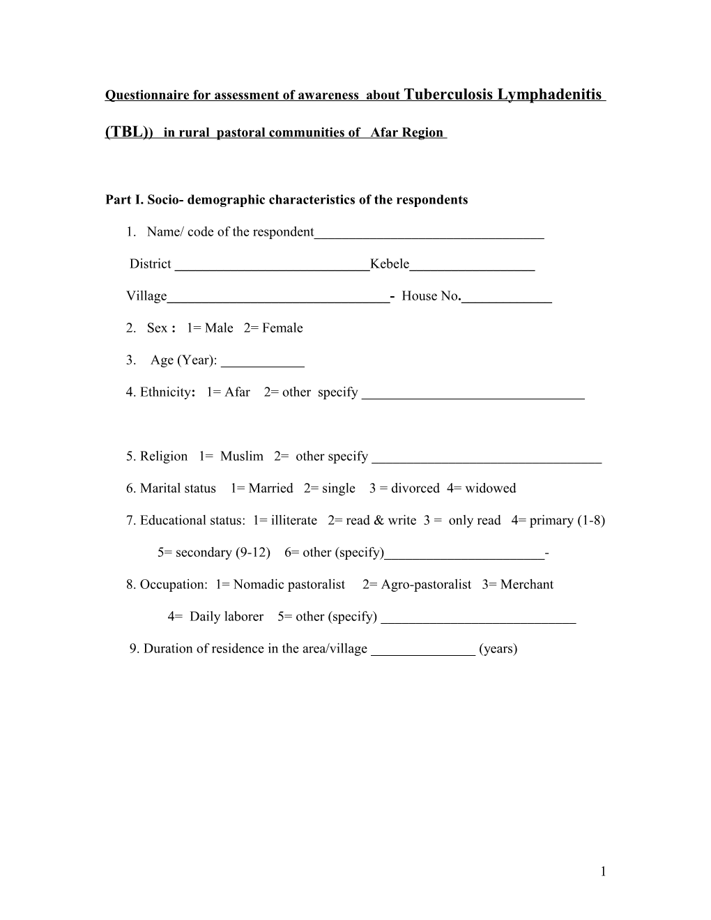 Questionnaire for the Assessment of Awareness and Knowledge About Malaria in Rural Communities