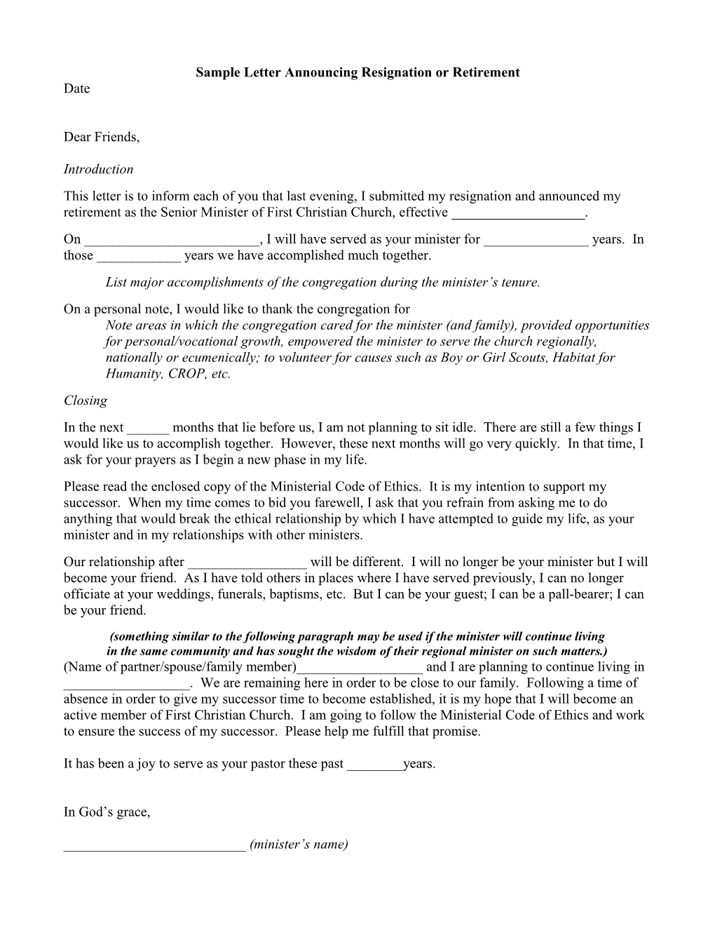 Sample Letter Announcing Resignation Or Retirement