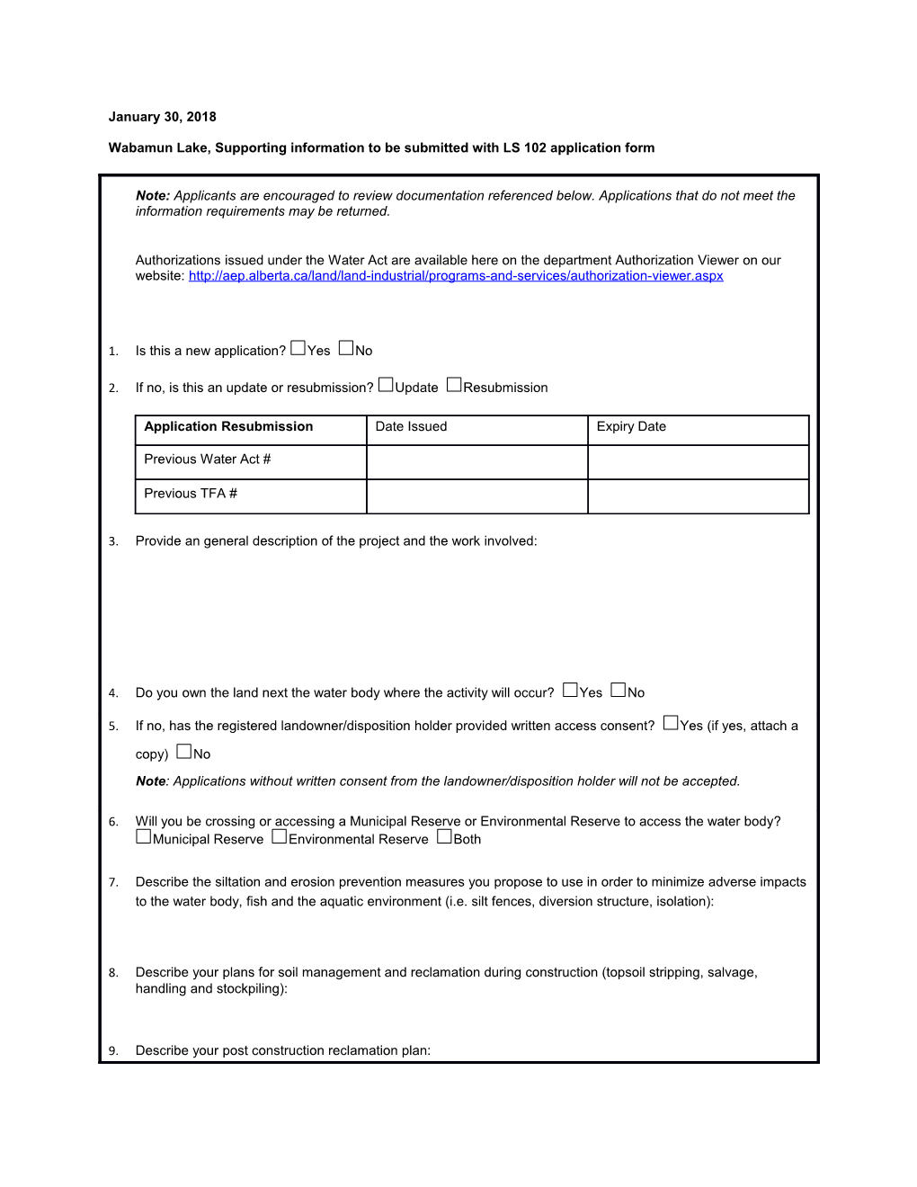 Wabamun Lake, Supporting Information to Be Submitted with LS 102 Application Form