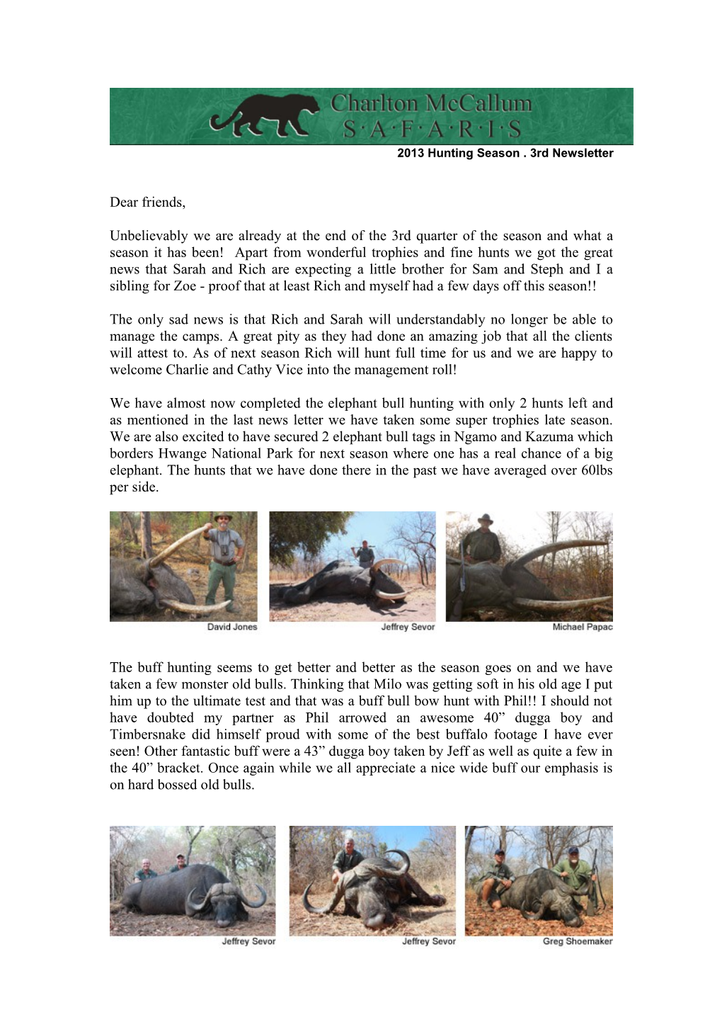 2013 Hunting Season . 3Rd Newsletter