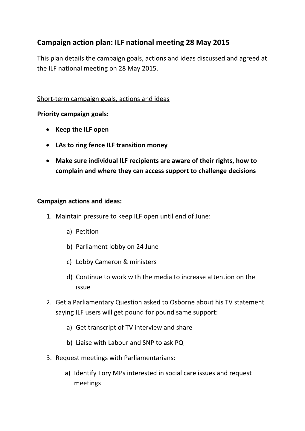 Campaign Action Plan: ILF National Meeting 28 May 2015