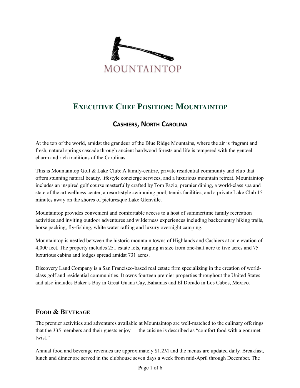 Executive Chef Position: Mountaintop