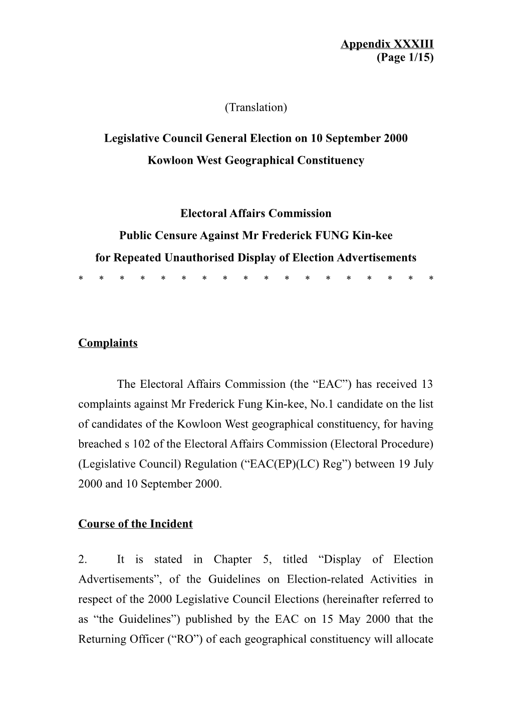 Legislative Council General Election on 10 September 2000