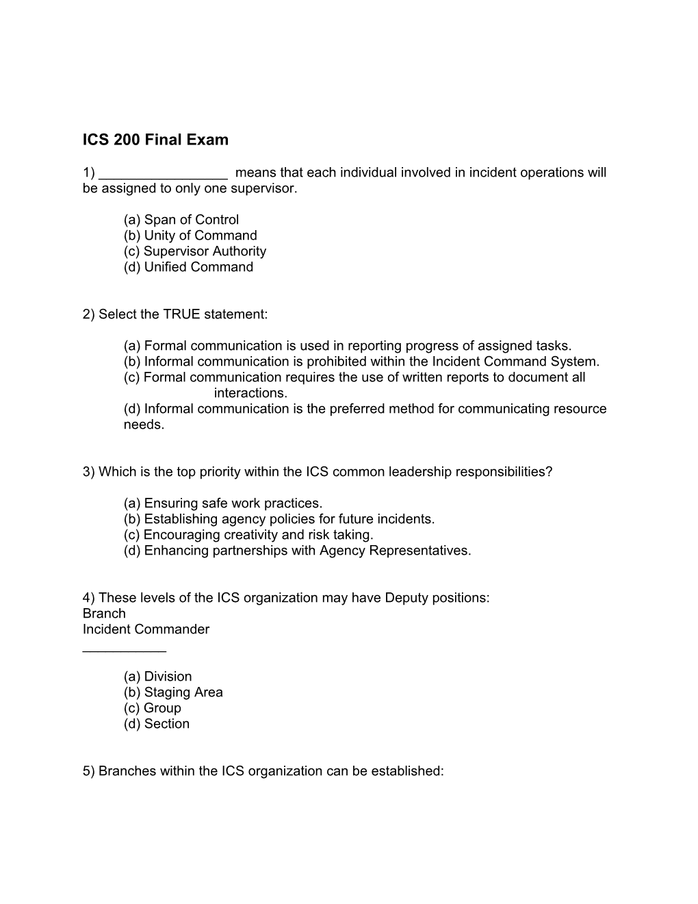 ICS 200 Learning Objectives and Exam Questions