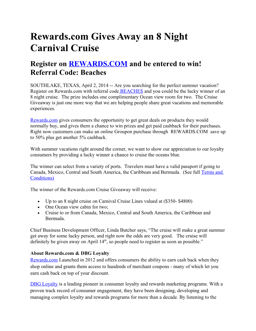 Rewards.Com Gives Away an 8 Night Carnival Cruise