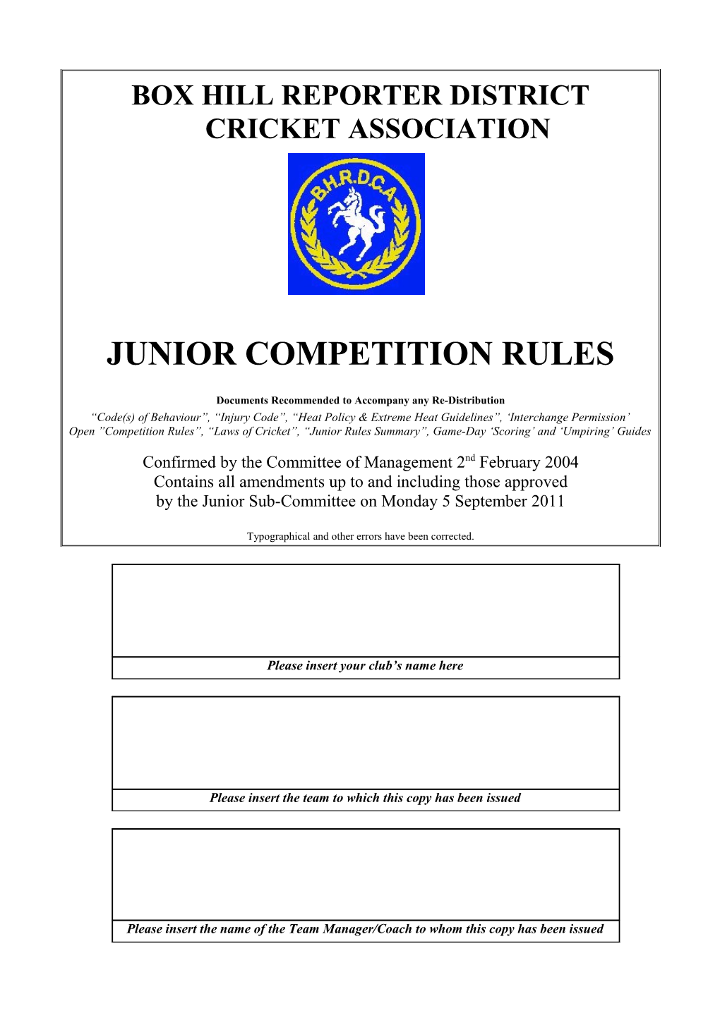 BHRDCA Junior Competition Rules