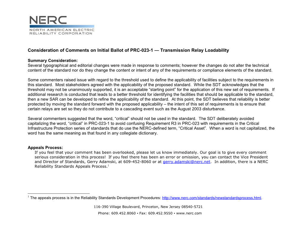 Consideration of Comments on Initial Ballot of PRC-023-1 Transmission Relay Loadability
