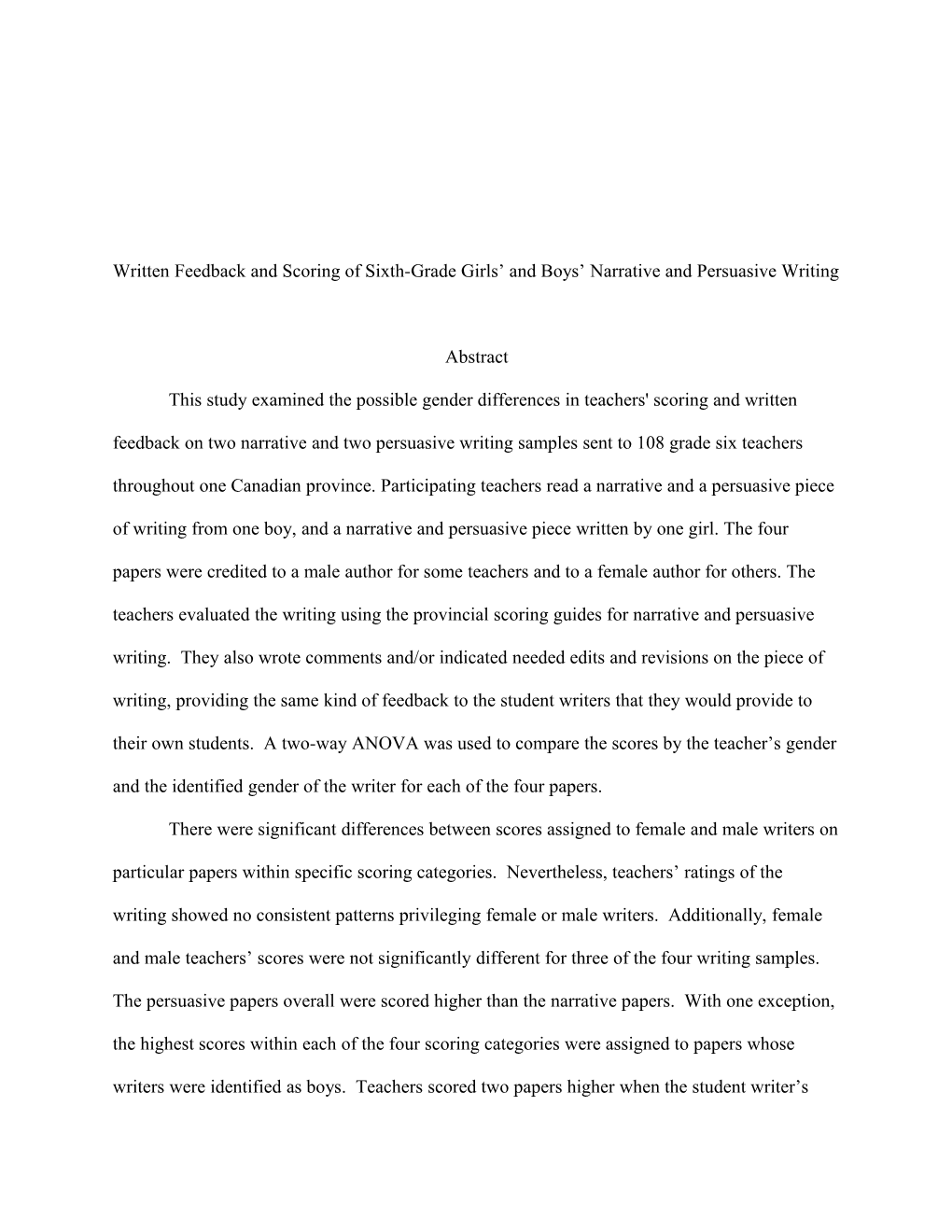 Written Feedback and Scoring of Sixth-Grade Girls and Boys Narrative and Persuasive Writing